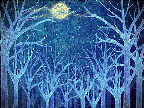 蓝色,树林,满月