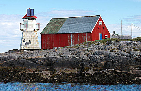 挪威,灯塔,白色,塔,红色,上面,站立,沿岸,石头,传统,木屋