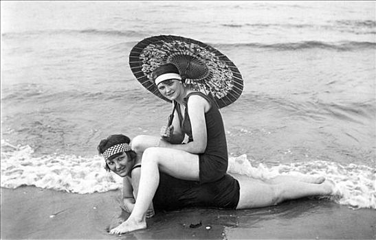 两个女人,海滩,历史,照片,20年代