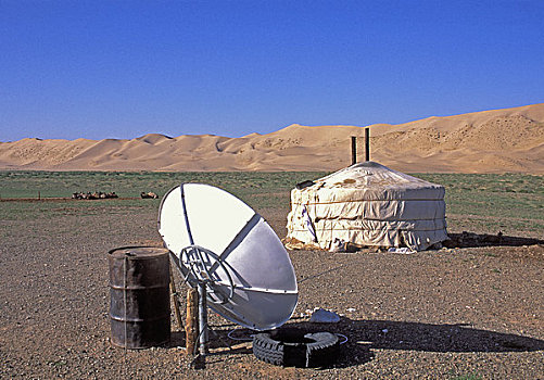 蒙古,靠近,戈壁沙漠,沙丘,蒙古包,碟形卫星天线
