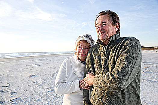 老年,夫妻,毛衣,一起,海滩