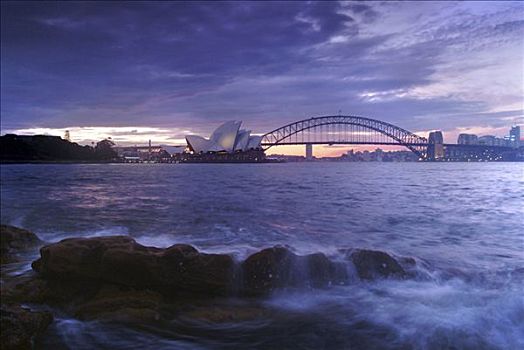 歌剧院,海港大桥,黄昏,悉尼,新南威尔士,澳大利亚