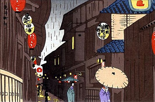日本,旧式,京都,插画,狭窄,城市街道,艺伎,伞