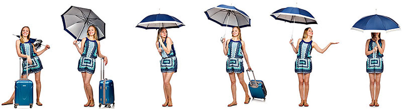 抽象拼贴画,女人,伞,手提箱
