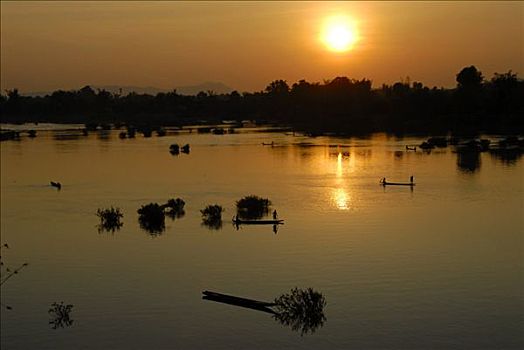 日落,捕鱼者,船,湄公河,老挝