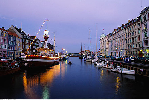 停靠,船,黄昏,哥本哈根,丹麦