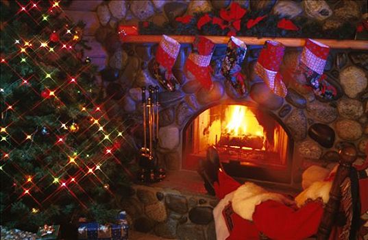 圣诞老人,睡觉,椅子,壁炉,圣诞树