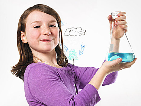 女孩,拿着,锥形烧瓶,蓝色,液体,正面,蒸发,插画,清晰,表面