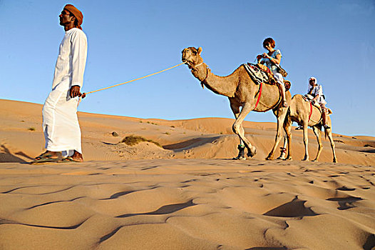 阿曼苏丹国,沙漠,贝都因人,引导,旅游,坐,骆驼