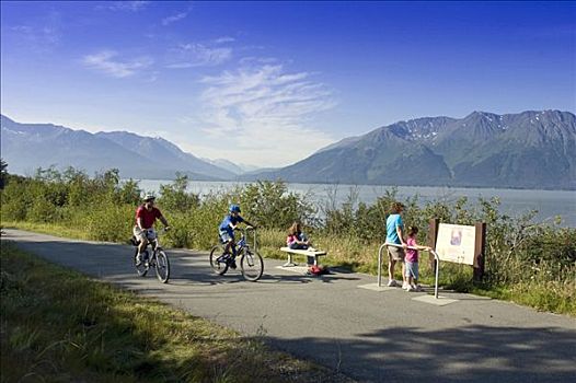 家庭,信息,标识,沿岸,小路,靠近,骑自行车,乘,阿拉斯加,夏天