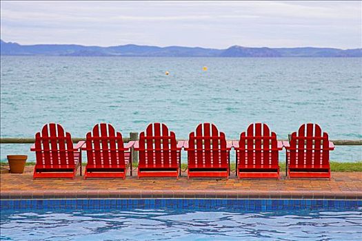 红色,折叠躺椅,海洋,游泳池