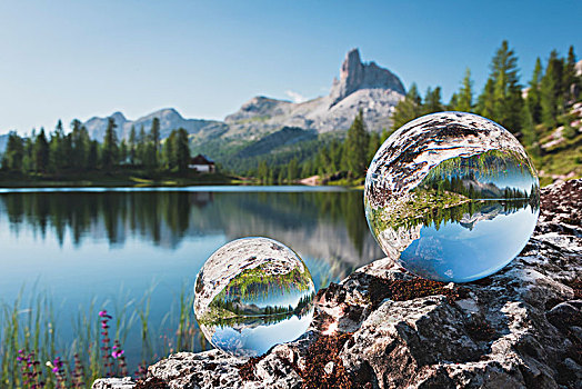 玩,水晶球,湖,夏天,背景,白云岩,威尼托,意大利