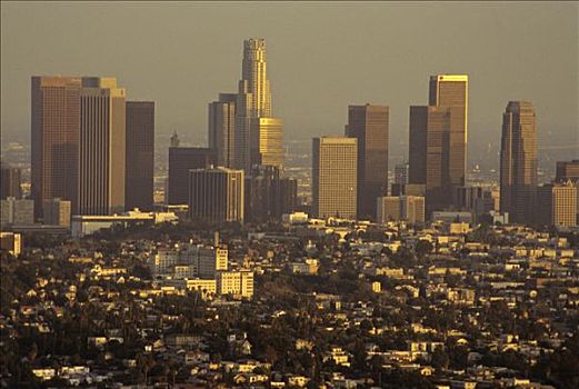 天际线,洛杉矶市区,黄昏,加利福尼亚,美国