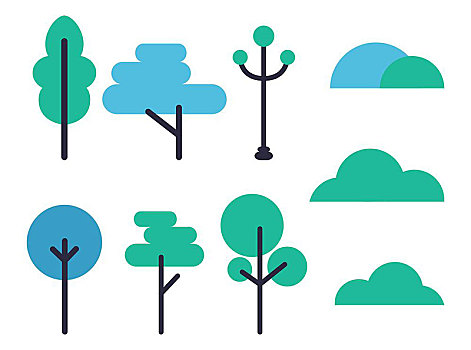 树,象征,矢量,插画,白色背景,两个,蓝色,灌木丛,隔绝,背景