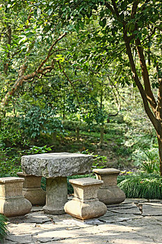 杭州西溪湿地景观树林下的石凳石桌