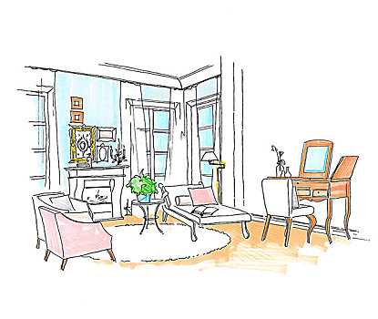 插画,客厅,壁炉,沙发,躺椅