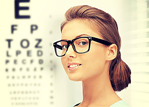 医疗,视野,概念,女人,眼镜,视力表