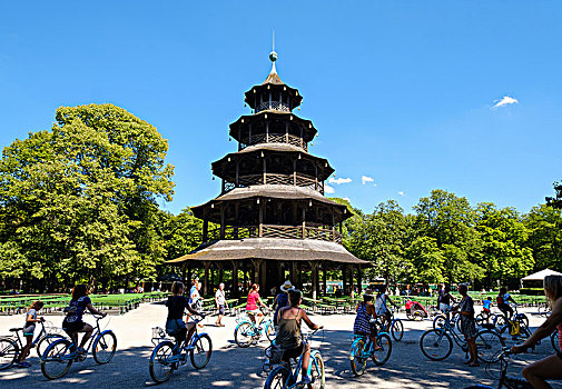 骑车,中式塔,英国花园,慕尼黑,上巴伐利亚,巴伐利亚,德国