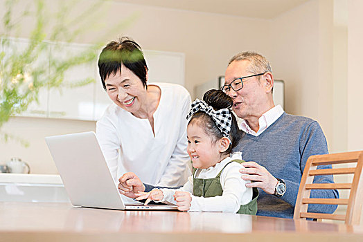 祖父母,孙,玩,笔记本电脑