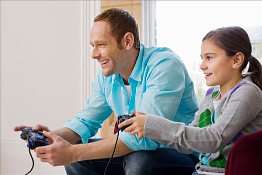 父亲,女儿,玩,电子游戏