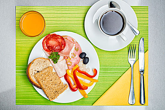 早餐,面包,香肠,咖啡,橙汁,风景,俯视