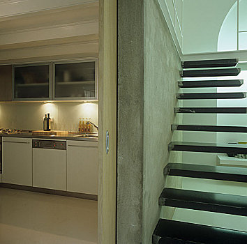 楼梯,靠近,现代,厨房,滑动门