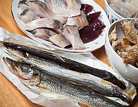 种类,鱼肉,木桌子,海鲜