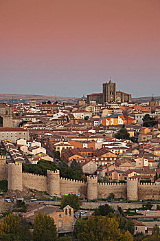 西班牙,卡斯蒂利亚,区域,阿维拉省,城镇,墙壁,俯视图,黃昏