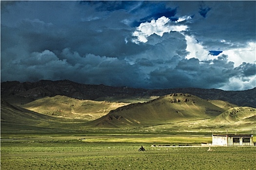 草原,高原,西藏,云层,人,村庄