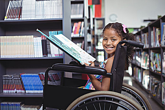 微笑,女孩,书本,轮椅,头像,坐,图书馆
