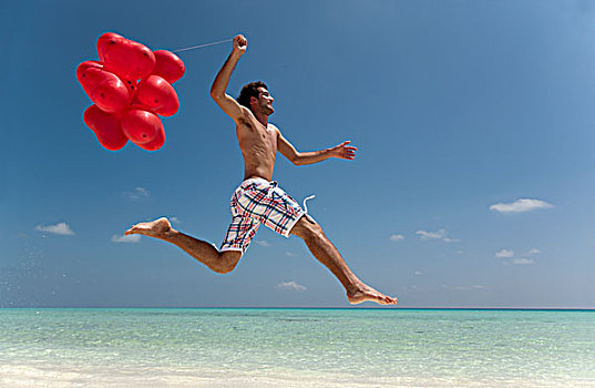 男人,跳跃,气球,海滩