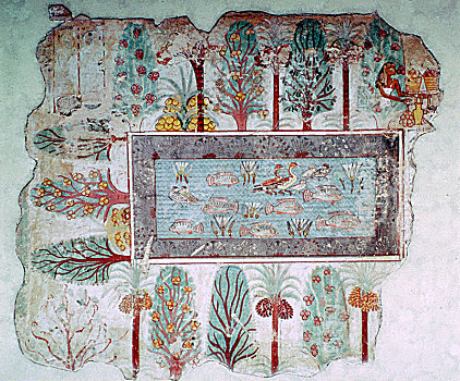 埃及,壁画,装饰,水池,鱼,公元前14世纪,艺术家,未知