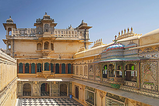 孔雀,院落,室内,城市宫殿,乌代浦尔,拉贾斯坦邦,印度
