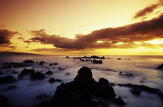 夏威夷,毛伊岛,日落,上方,岩石,海滩,卡胡拉威,莫洛基尼岛,岛屿,远景,长时间曝光