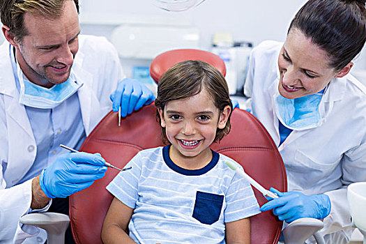 微笑,牙医,检查,孩子,病人,牙科诊所