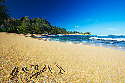 我爱你,书写,沙子,隧道,海滩,考艾岛,夏威夷,美国