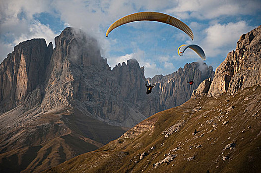 航拍,滑伞运动,山,白云岩,意大利,欧洲