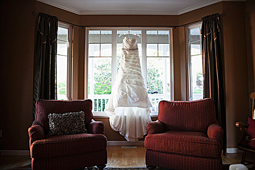 婚纱,悬挂,窗户,家,不列颠哥伦比亚省,加拿大