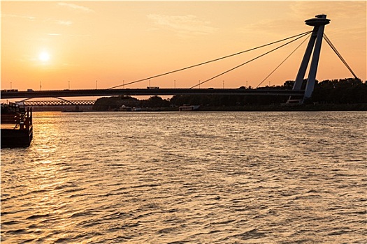 桥,多瑙河,黄色,黎明