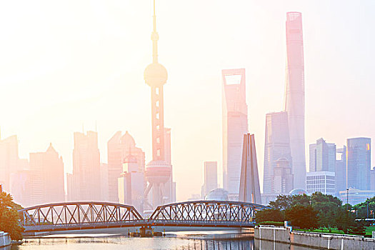 地标建筑,桥,上海,岸边