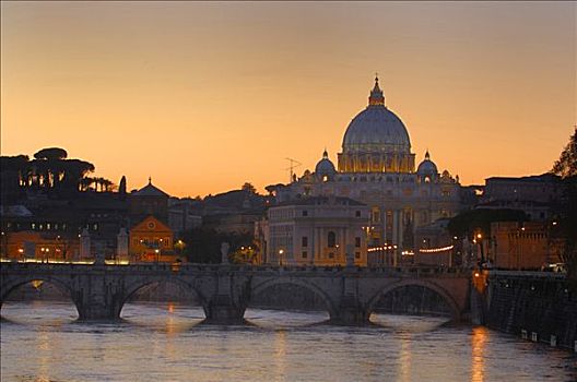 圣彼得大教堂,日落,圣天使桥,上方,台伯河,罗马,意大利
