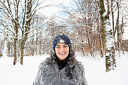 女人,散步,雪,木
