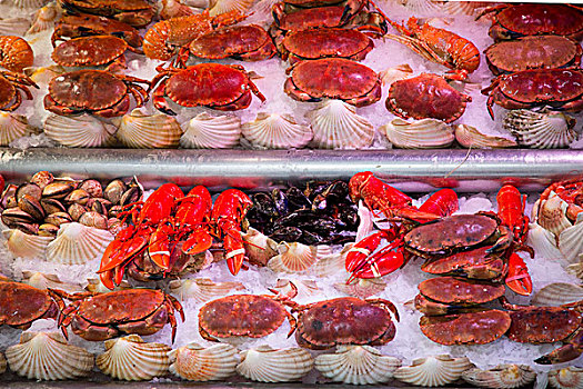 蟹肉,龙虾,蛤,肌肉,出售,鱼市,靠近,巴士底监狱,巴黎,法国