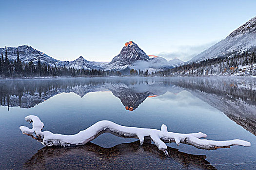 山,祈祷,湖,两个,医疗,山谷,清新,下雪,冰川国家公园,蒙大拿,美国