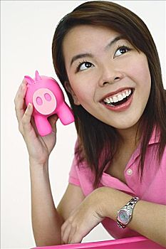 女人,拿着,粉色,存钱罐,耳