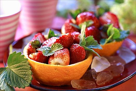 新鲜,草莓,橘瓣,冰