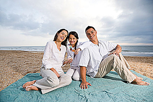 西班牙裔,家庭,坐,毯子,海滩