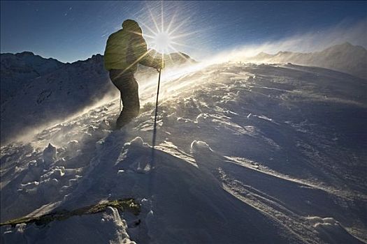 男人,远足,山峦,暴风雪,自然公园,北方,提洛尔,奥地利,欧洲