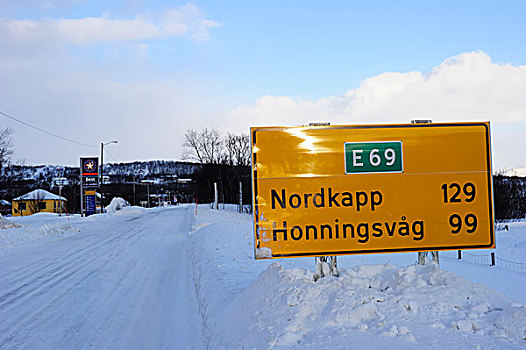 路标,冬天,北角,挪威,欧洲