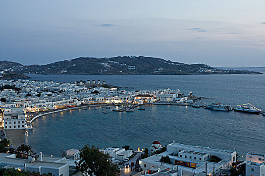 希腊,米克诺斯岛,晚间,风景,远眺,港口